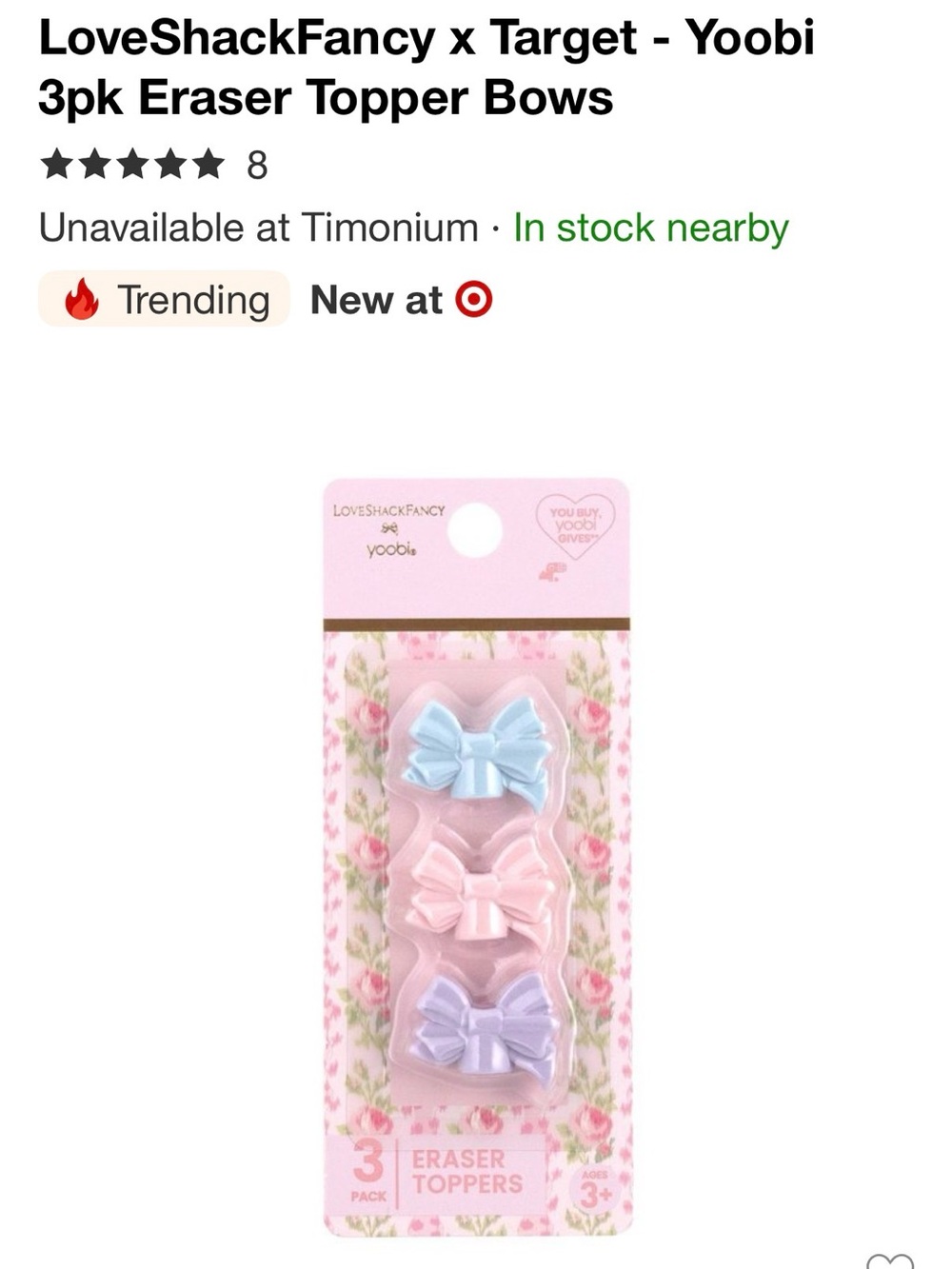 LoveShackFancy x Target Yoobi Bow Eraser Toppers in Pastel Blue, Pink, Lavender